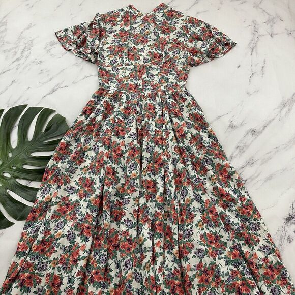 Maggie Lawrence Womens Vintage 90s Floral Dress Size 10 Pink Green Lace Pockets - Picture 8 of 11